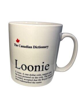 Abbott Loonie Mug The Canadian Dictionary Ceramic 4" Tall Red Maple Leaf Design